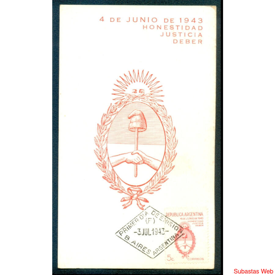 ARGENTINA GJ896 - 4 JUNIO 1943. ESPECTACULAR TARJETA MÁXIMA!