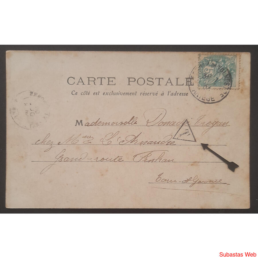 FRANCIA 1900 ANTIGUA POSTAL ROMÁNTICA CIRCULADA CON MULTA!!!