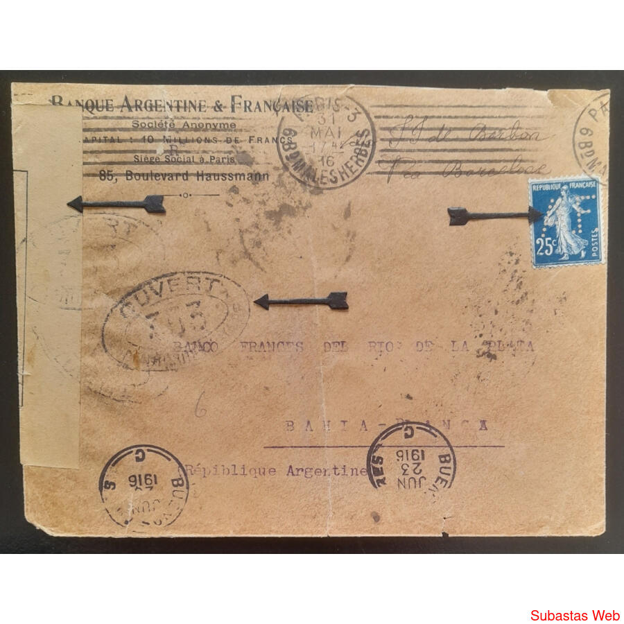 FRANCIA 1916 SOBRE PASADO POR CENSURA Y CON SELLO PERFORADO
