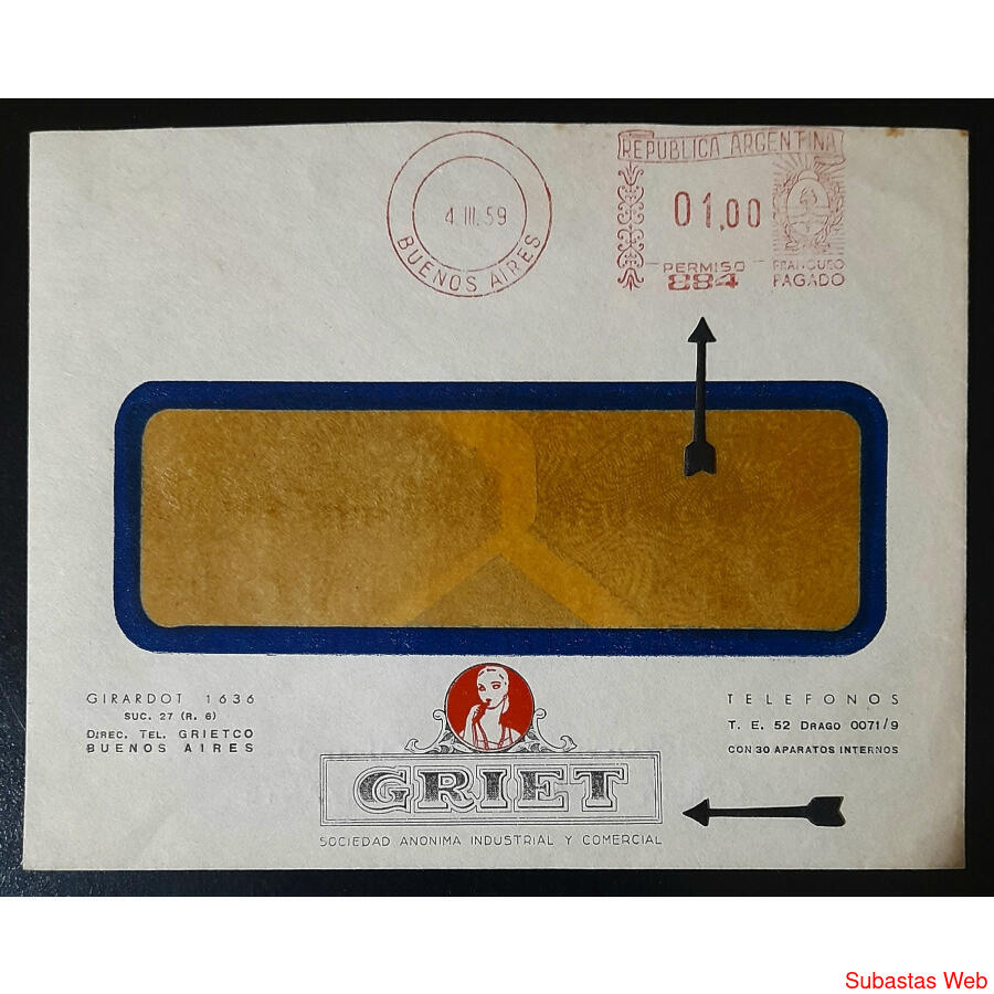 ARGENTINA. 1959 SOBRE LABORATORIOS GRIET **PERMISO 884**